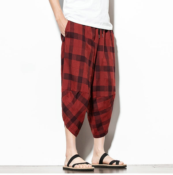 Streetwear Mens Cotton Beach Pants Male Summer Casual Calf-Length Pants Man Plaid Hip Hop Baggy Loose Trousers | Vimost Shop.