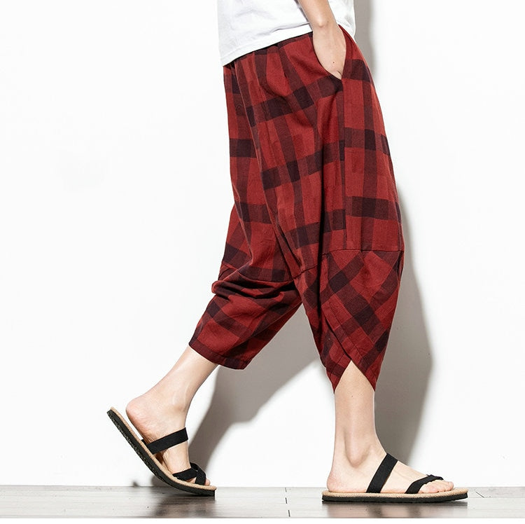 Streetwear Mens Cotton Beach Pants Male Summer Casual Calf-Length Pants Man Plaid Hip Hop Baggy Loose Trousers | Vimost Shop.