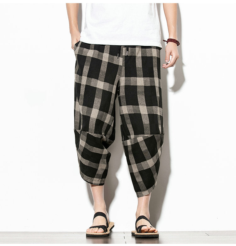 Streetwear Mens Cotton Beach Pants Male Summer Casual Calf-Length Pants Man Plaid Hip Hop Baggy Loose Trousers | Vimost Shop.