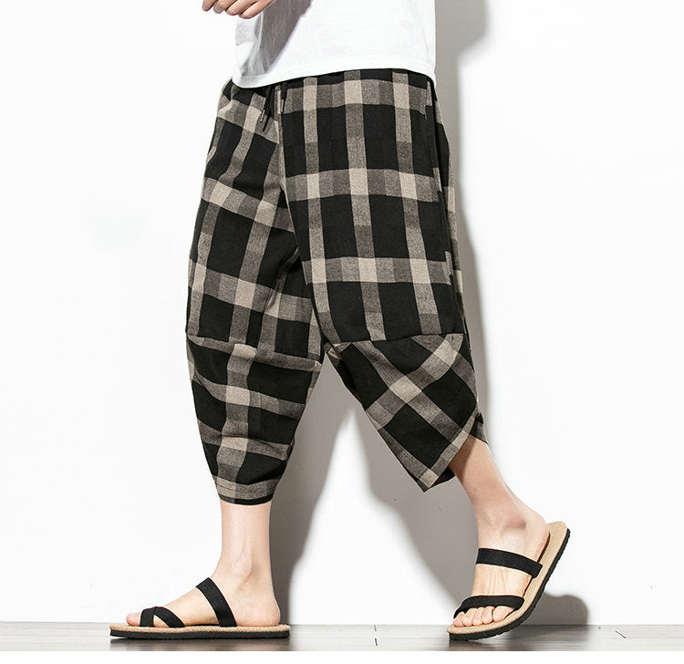 Streetwear Mens Cotton Beach Pants Male Summer Casual Calf-Length Pants Man Plaid Hip Hop Baggy Loose Trousers | Vimost Shop.