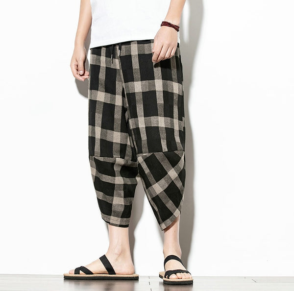 Streetwear Mens Cotton Beach Pants Male Summer Casual Calf-Length Pants Man Plaid Hip Hop Baggy Loose Trousers | Vimost Shop.