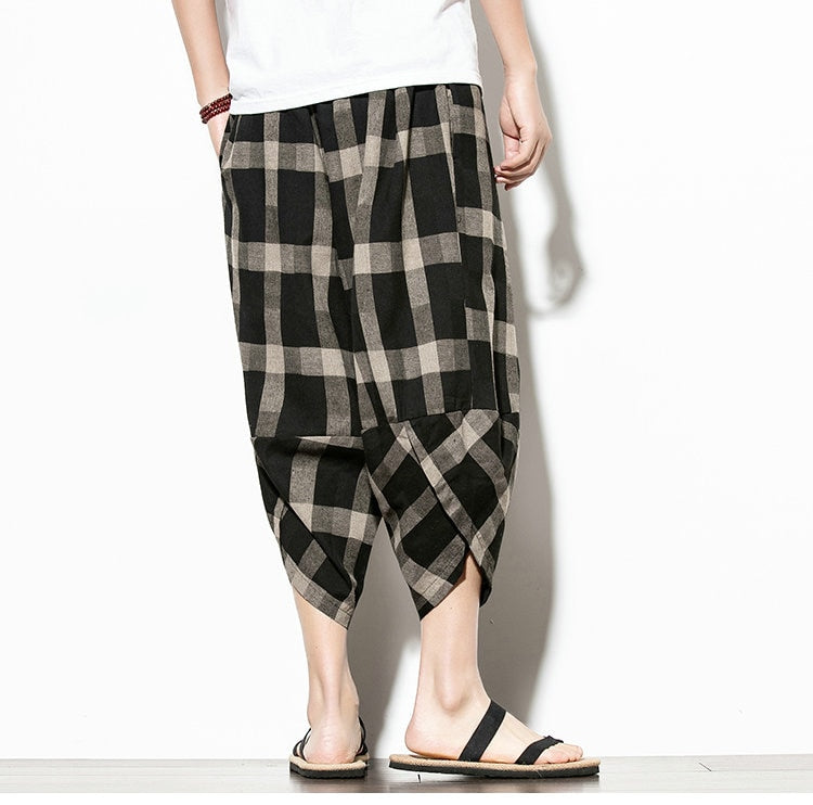 Streetwear Mens Cotton Beach Pants Male Summer Casual Calf-Length Pants Man Plaid Hip Hop Baggy Loose Trousers | Vimost Shop.