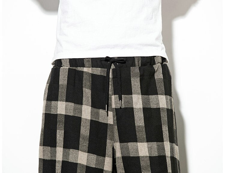 Streetwear Mens Cotton Beach Pants Male Summer Casual Calf-Length Pants Man Plaid Hip Hop Baggy Loose Trousers | Vimost Shop.