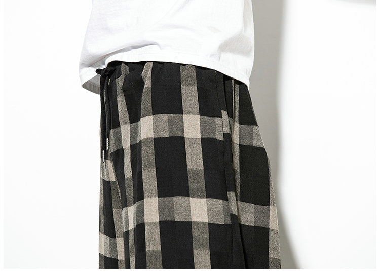 Streetwear Mens Cotton Beach Pants Male Summer Casual Calf-Length Pants Man Plaid Hip Hop Baggy Loose Trousers | Vimost Shop.