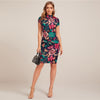 Multicolor Mock-Neck Form Fitted Floral Print Dress  Cap Sleeve Bodycon Elegant Pencil Midi Dresses | Vimost Shop.