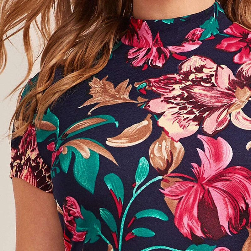 Multicolor Mock-Neck Form Fitted Floral Print Dress  Cap Sleeve Bodycon Elegant Pencil Midi Dresses | Vimost Shop.