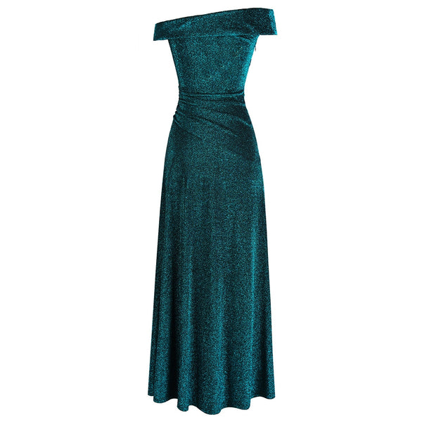 Off Shoulder Pleated Evening Dresses Long Party Gown Peacock green | Vimost Shop.