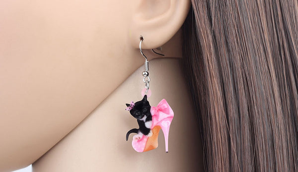 Acrylic Valentine's Day High Heels Black Cat Earrings Drop Dangle Jewelry For Women Girls Teen Lover Charm Gift Accessory | Vimost Shop.