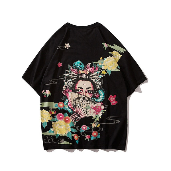 Japanese Geisha Tshirt Streetwear Short Sleeve T Shirt Japan Cotton Tops Tees Men Harajuku Hip Hop T-Shirt | Vimost Shop.