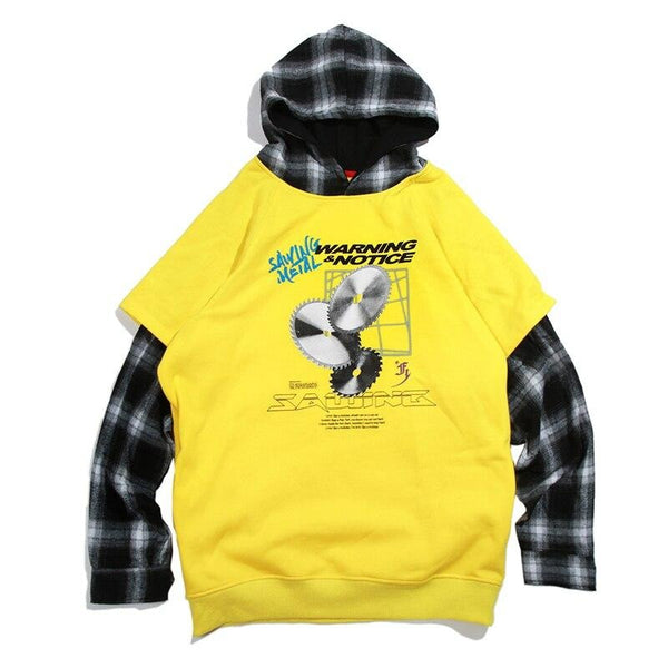 Hoodies Men Fake 2 Pieces Men Hooded Pullover Oversize Style Plaid Print Sleeve Sweatshirt Lover High Street Streetwear