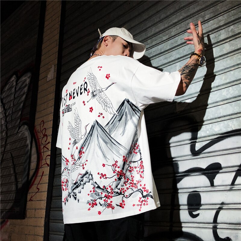 Streetwear Hip Hop T Shirt Men Harajuku Japanese Short Sleeve Tshirt Summer Casual Crane Cherry Floral T-Shirt | Vimost Shop.