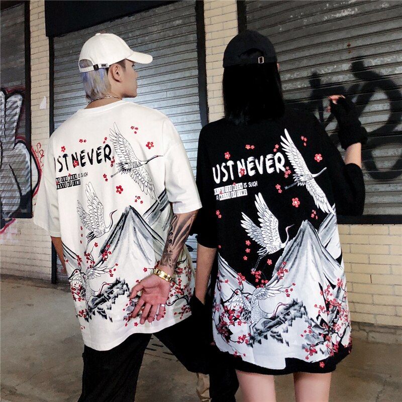 Streetwear Hip Hop T Shirt Men Harajuku Japanese Short Sleeve Tshirt Summer Casual Crane Cherry Floral T-Shirt | Vimost Shop.