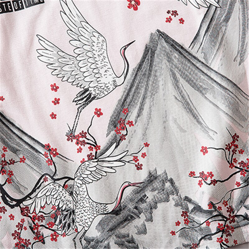 Streetwear Hip Hop T Shirt Men Harajuku Japanese Short Sleeve Tshirt Summer Casual Crane Cherry Floral T-Shirt | Vimost Shop.