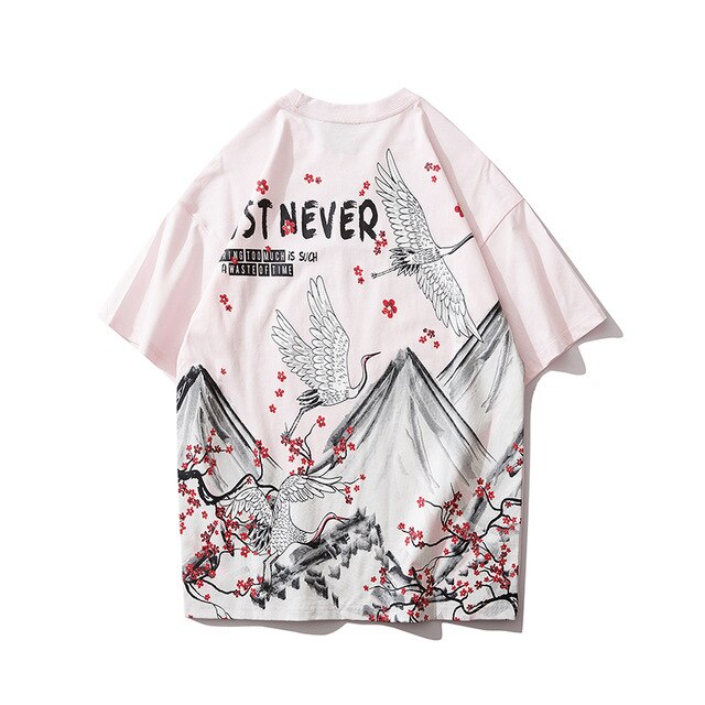 Streetwear Hip Hop T Shirt Men Harajuku Japanese Short Sleeve Tshirt Summer Casual Crane Cherry Floral T-Shirt | Vimost Shop.
