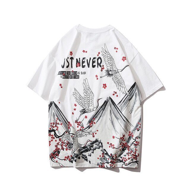 Streetwear Hip Hop T Shirt Men Harajuku Japanese Short Sleeve Tshirt Summer Casual Crane Cherry Floral T-Shirt | Vimost Shop.