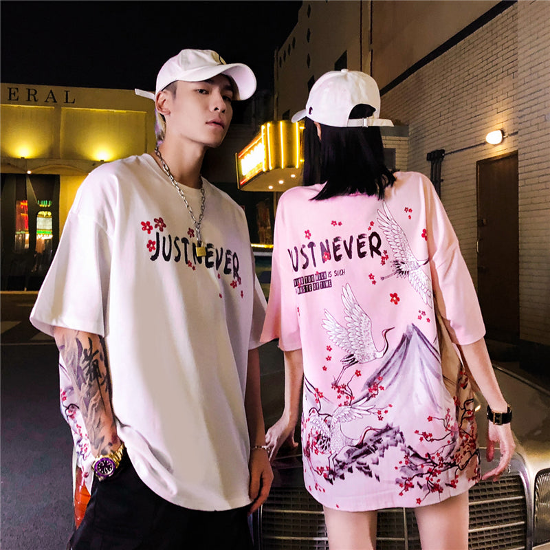 Streetwear Hip Hop T Shirt Men Harajuku Japanese Short Sleeve Tshirt Summer Casual Crane Cherry Floral T-Shirt | Vimost Shop.