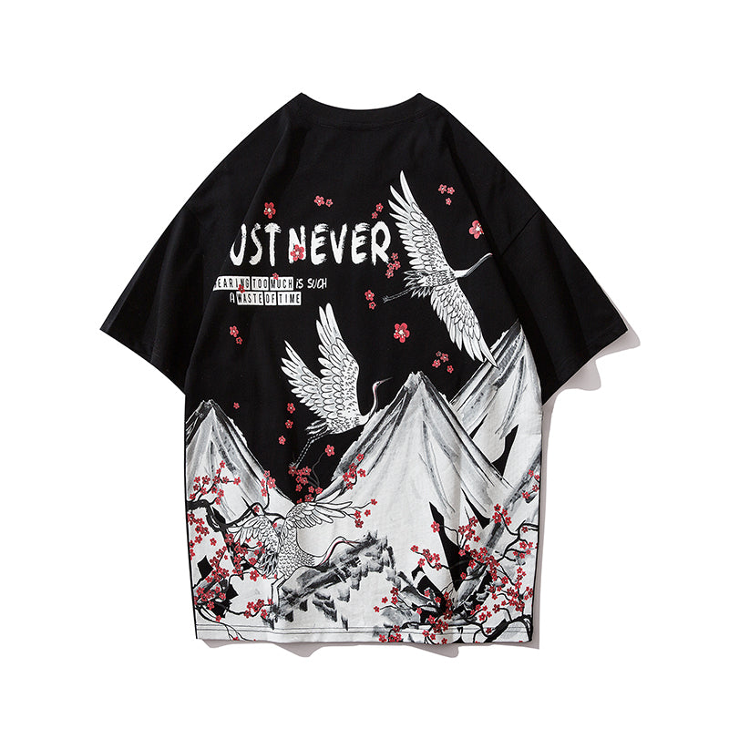 Streetwear Hip Hop T Shirt Men Harajuku Japanese Short Sleeve Tshirt Summer Casual Crane Cherry Floral T-Shirt | Vimost Shop.