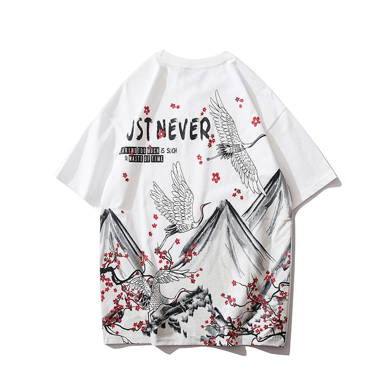 Streetwear Hip Hop T Shirt Men Harajuku Japanese Short Sleeve Tshirt Summer Casual Crane Cherry Floral T-Shirt | Vimost Shop.