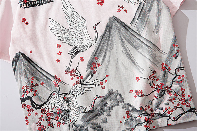 Streetwear Hip Hop T Shirt Men Harajuku Japanese Short Sleeve Tshirt Summer Casual Crane Cherry Floral T-Shirt | Vimost Shop.