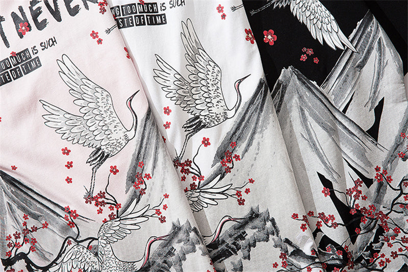 Streetwear Hip Hop T Shirt Men Harajuku Japanese Short Sleeve Tshirt Summer Casual Crane Cherry Floral T-Shirt | Vimost Shop.