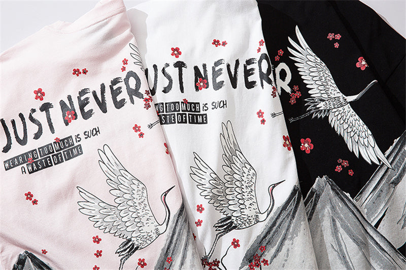 Streetwear Hip Hop T Shirt Men Harajuku Japanese Short Sleeve Tshirt Summer Casual Crane Cherry Floral T-Shirt | Vimost Shop.