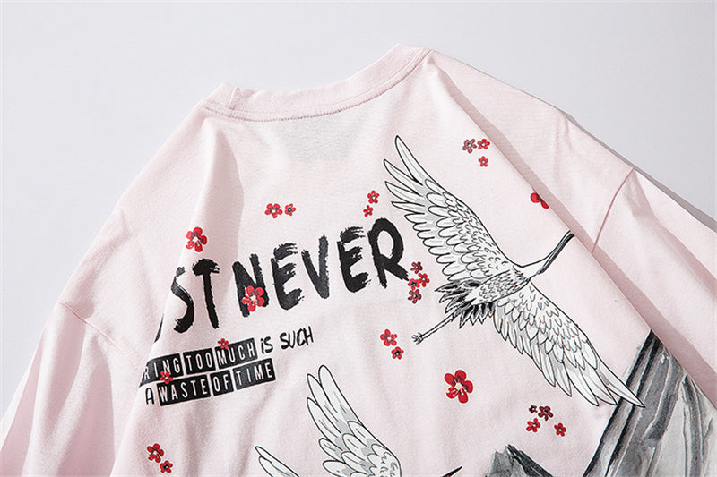 Streetwear Hip Hop T Shirt Men Harajuku Japanese Short Sleeve Tshirt Summer Casual Crane Cherry Floral T-Shirt | Vimost Shop.