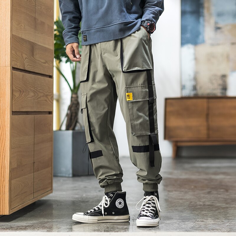 Streetwear Hip Hop Cargo Pants Spring Autumn Mens Baggy Pockets Ribbon Joggers Pants Men Japanes Style Black Harem Pants | Vimost Shop.