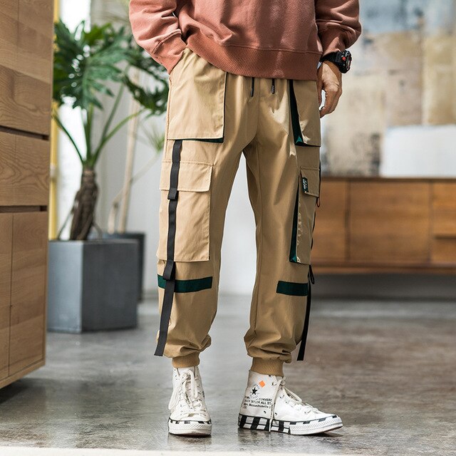 Streetwear Hip Hop Cargo Pants Spring Autumn Mens Baggy Pockets Ribbon Joggers Pants Men Japanes Style Black Harem Pants | Vimost Shop.