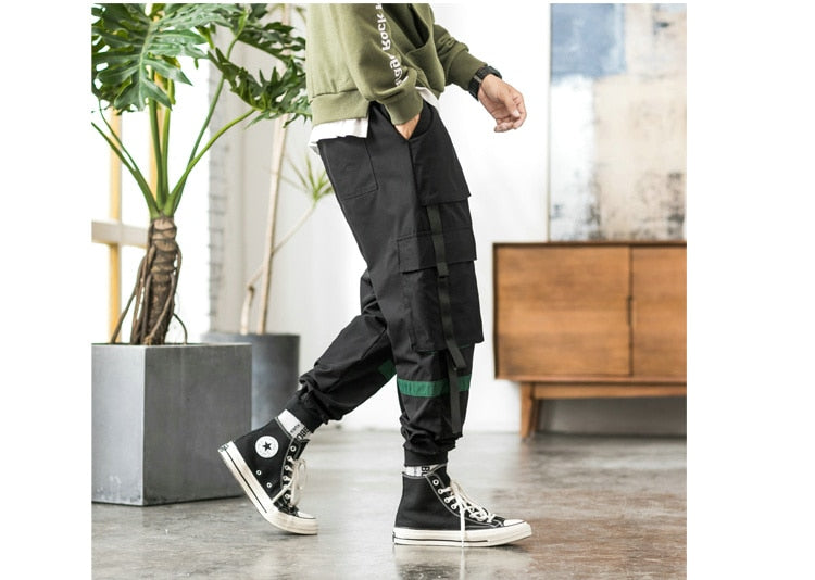 Streetwear Hip Hop Cargo Pants Spring Autumn Mens Baggy Pockets Ribbon Joggers Pants Men Japanes Style Black Harem Pants | Vimost Shop.