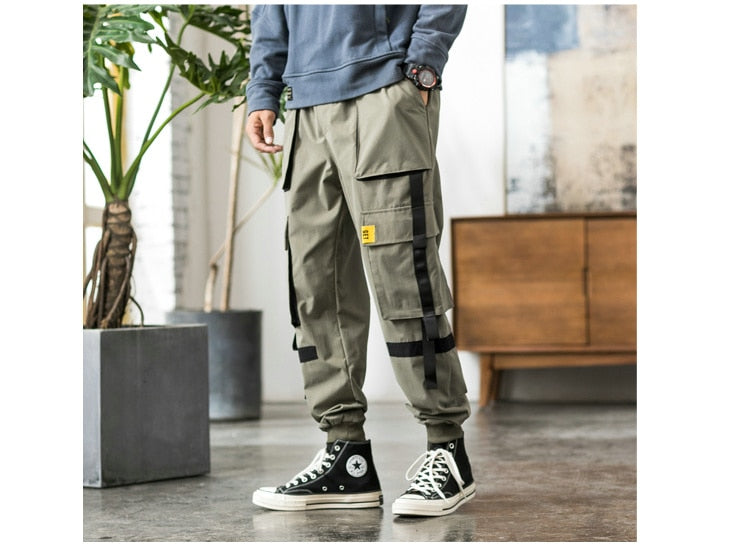 Streetwear Hip Hop Cargo Pants Spring Autumn Mens Baggy Pockets Ribbon Joggers Pants Men Japanes Style Black Harem Pants | Vimost Shop.