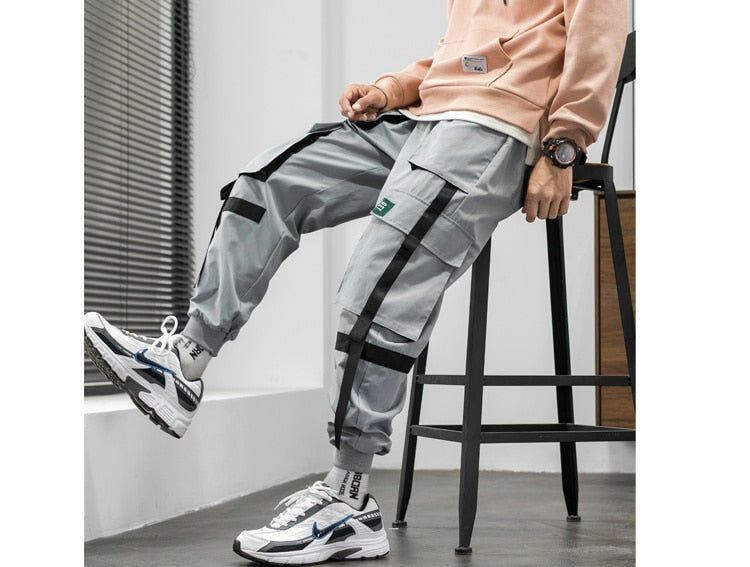 Streetwear Hip Hop Cargo Pants Spring Autumn Mens Baggy Pockets Ribbon Joggers Pants Men Japanes Style Black Harem Pants | Vimost Shop.