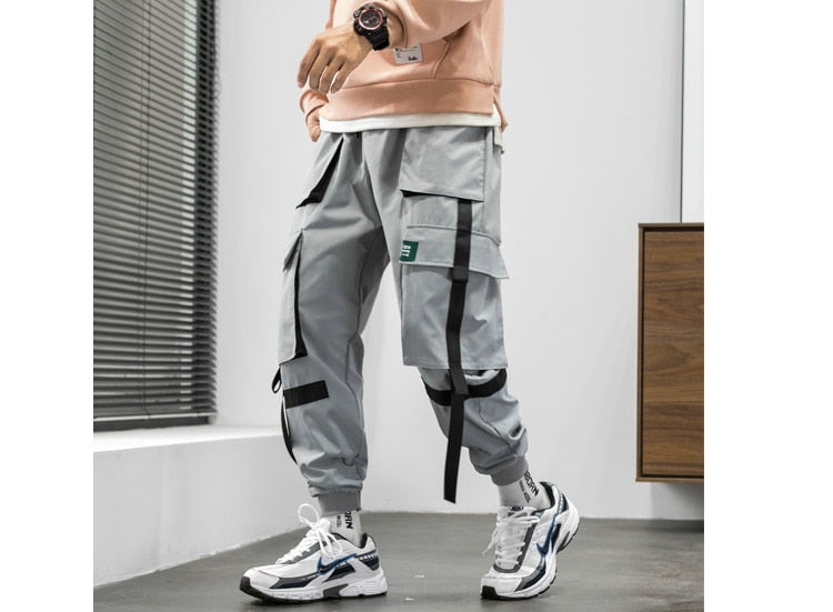 Streetwear Hip Hop Cargo Pants Spring Autumn Mens Baggy Pockets Ribbon Joggers Pants Men Japanes Style Black Harem Pants | Vimost Shop.