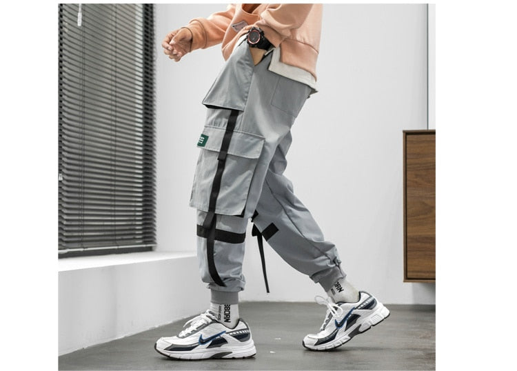 Streetwear Hip Hop Cargo Pants Spring Autumn Mens Baggy Pockets Ribbon Joggers Pants Men Japanes Style Black Harem Pants | Vimost Shop.