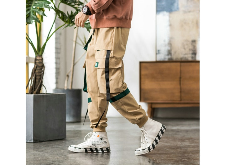 Streetwear Hip Hop Cargo Pants Spring Autumn Mens Baggy Pockets Ribbon Joggers Pants Men Japanes Style Black Harem Pants | Vimost Shop.
