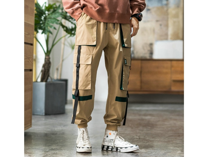 Streetwear Hip Hop Cargo Pants Spring Autumn Mens Baggy Pockets Ribbon Joggers Pants Men Japanes Style Black Harem Pants | Vimost Shop.