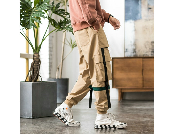 Streetwear Hip Hop Cargo Pants Spring Autumn Mens Baggy Pockets Ribbon Joggers Pants Men Japanes Style Black Harem Pants | Vimost Shop.