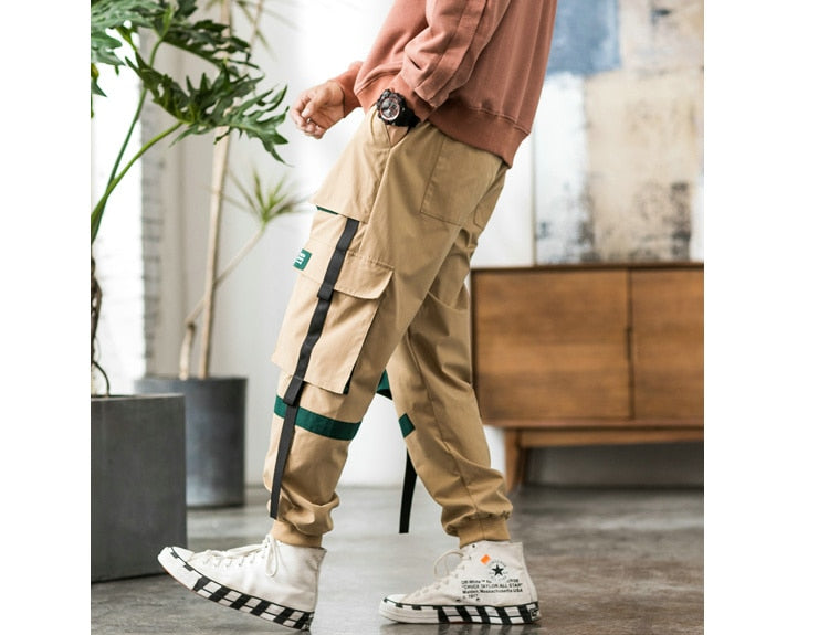Streetwear Hip Hop Cargo Pants Spring Autumn Mens Baggy Pockets Ribbon Joggers Pants Men Japanes Style Black Harem Pants | Vimost Shop.