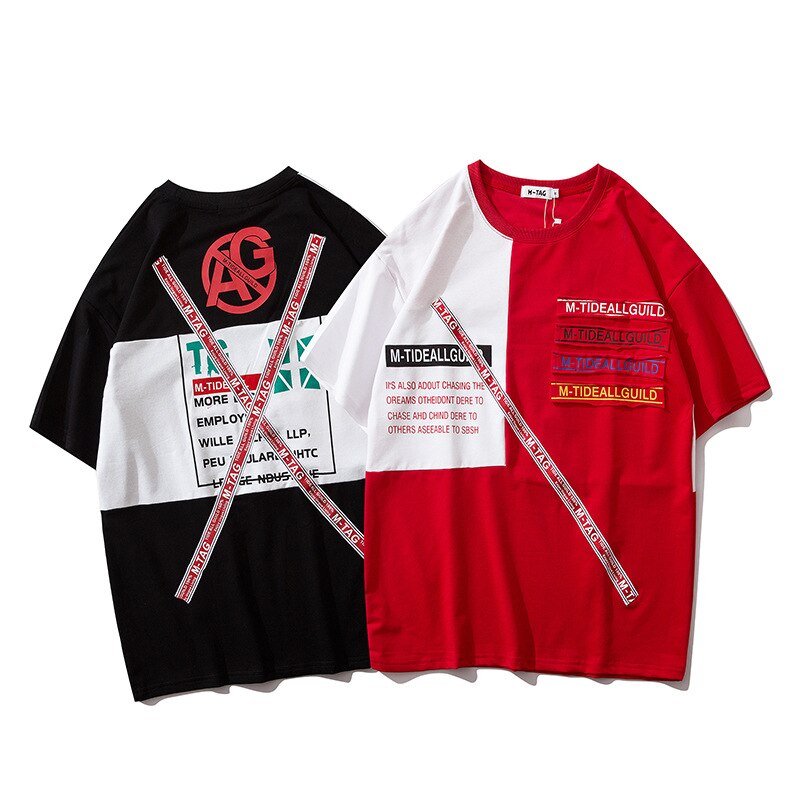 Letter Ribbons Sticker Hip Pop T-shirt for Men Patchwork Tops & Tees Casual T Shirt Streetwear Dance Hit Color Tshirt Print | Vimost Shop.