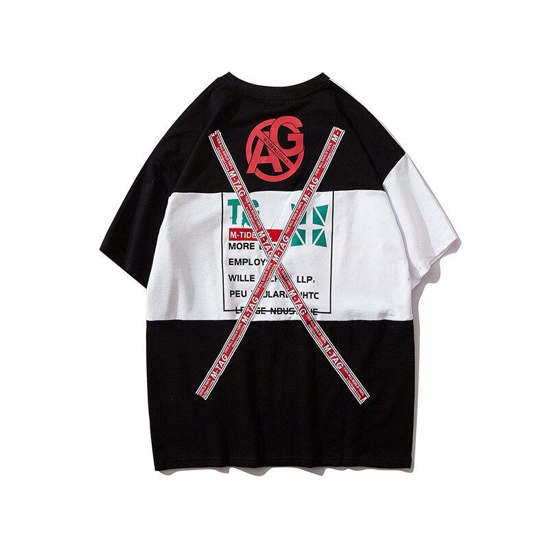 Letter Ribbons Sticker Hip Pop T-shirt for Men Patchwork Tops & Tees Casual T Shirt Streetwear Dance Hit Color Tshirt Print | Vimost Shop.