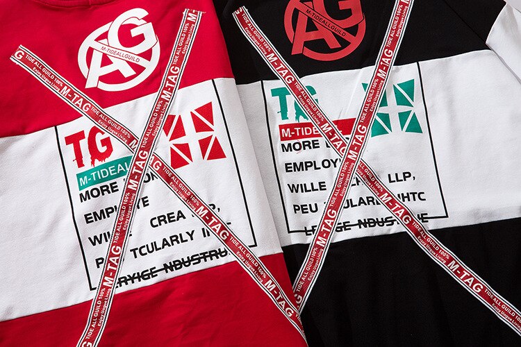 Letter Ribbons Sticker Hip Pop T-shirt for Men Patchwork Tops & Tees Casual T Shirt Streetwear Dance Hit Color Tshirt Print | Vimost Shop.