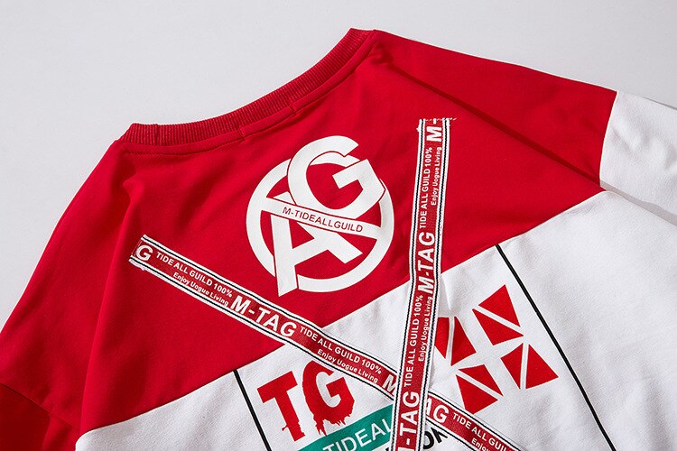 Letter Ribbons Sticker Hip Pop T-shirt for Men Patchwork Tops & Tees Casual T Shirt Streetwear Dance Hit Color Tshirt Print | Vimost Shop.