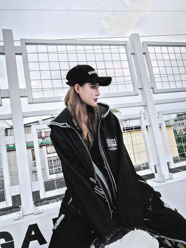 Hip Hop Hole Hooded Long Trench Jackets Coats Men Raw Edge Cloak Male Capes Gothic Punk Steampunk Overcoat Print Denim Full GUYI | Vimost Shop.
