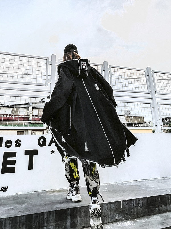 Hip Hop Hole Hooded Long Trench Jackets Coats Men Raw Edge Cloak Male Capes Gothic Punk Steampunk Overcoat Print Denim Full GUYI | Vimost Shop.