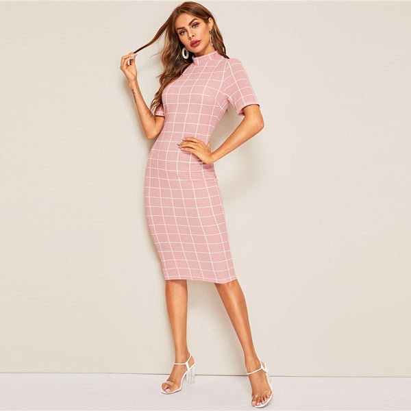 Mock-Neck Grid Textured Pencil Dress Elegant Women Pink Zipper Stand Collar Summer Dress Short Sleeve Bodycon Dress | Vimost Shop.