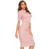 Mock-Neck Grid Textured Pencil Dress Elegant Women Pink Zipper Stand Collar Summer Dress Short Sleeve Bodycon Dress | Vimost Shop.