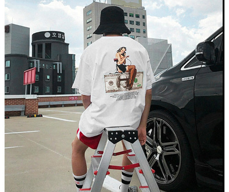 American Style Retro Kanye West Coast Sexy Girl Dollars Print T-Shirt | Vimost Shop.