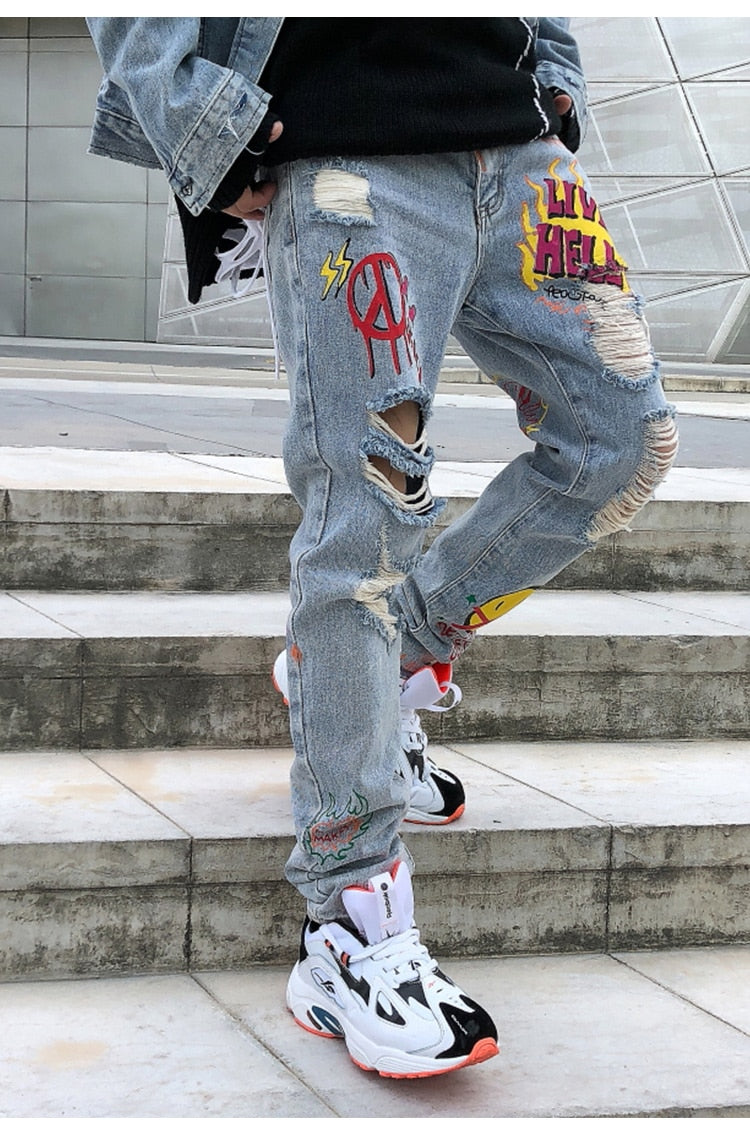 Men Broken Hole Trousers Cute Letter Print Jeans High Street Casual Streetwear | Vimost Shop.