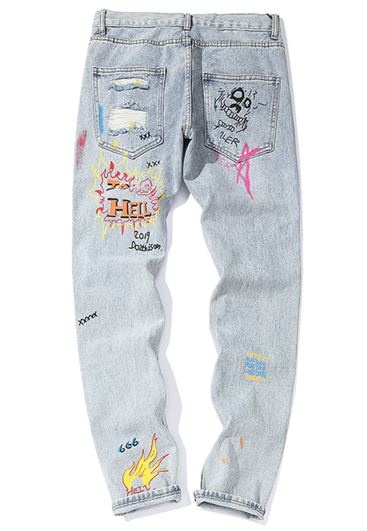 Men Broken Hole Trousers Cute Letter Print Jeans High Street Casual Streetwear | Vimost Shop.