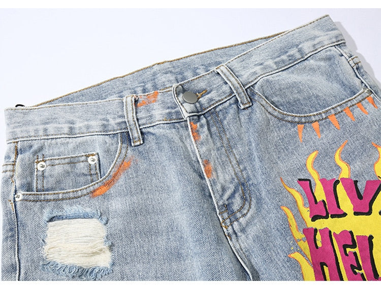 Men Broken Hole Trousers Cute Letter Print Jeans High Street Casual Streetwear | Vimost Shop.