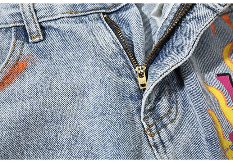 Men Broken Hole Trousers Cute Letter Print Jeans High Street Casual Streetwear | Vimost Shop.